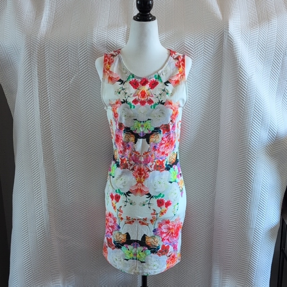 H&M Bright Floral Mini Dress Stretch Bodycon Summer Resort Party Size Medium